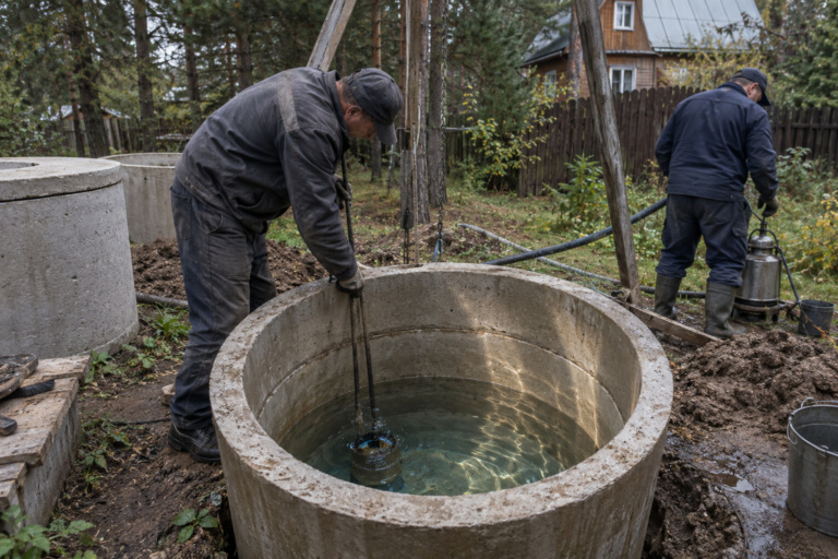 Чистый колодец после работ, прозрачная вода